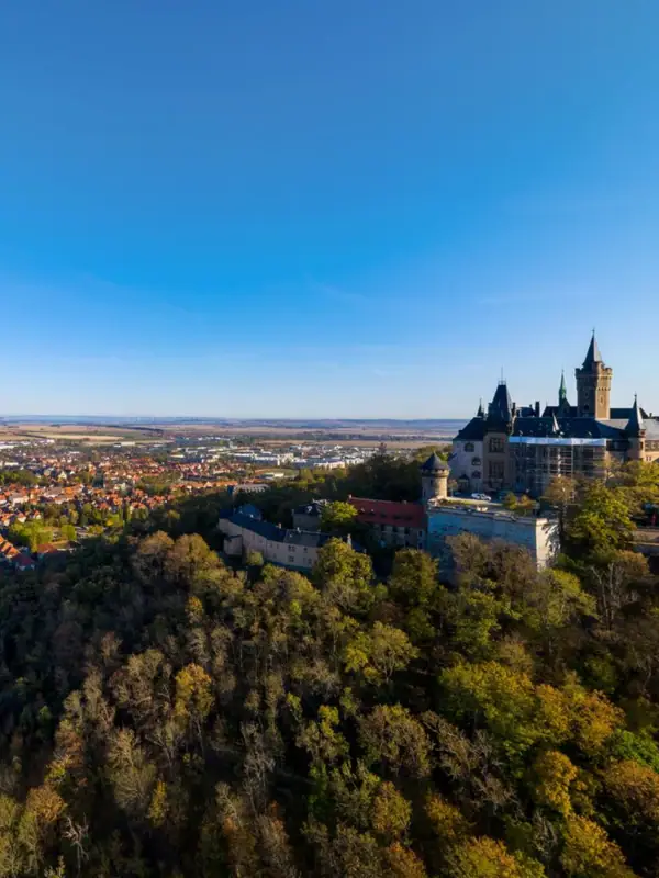 Eine Stadt mit einem Schloss auf einem Hügel.