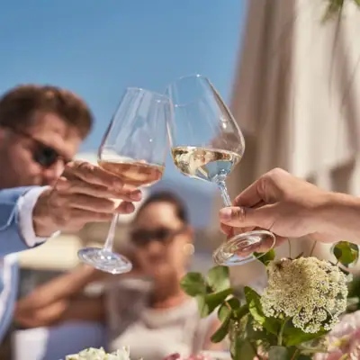 Eine Gruppe von Menschen stößt mit Weingläsern an.