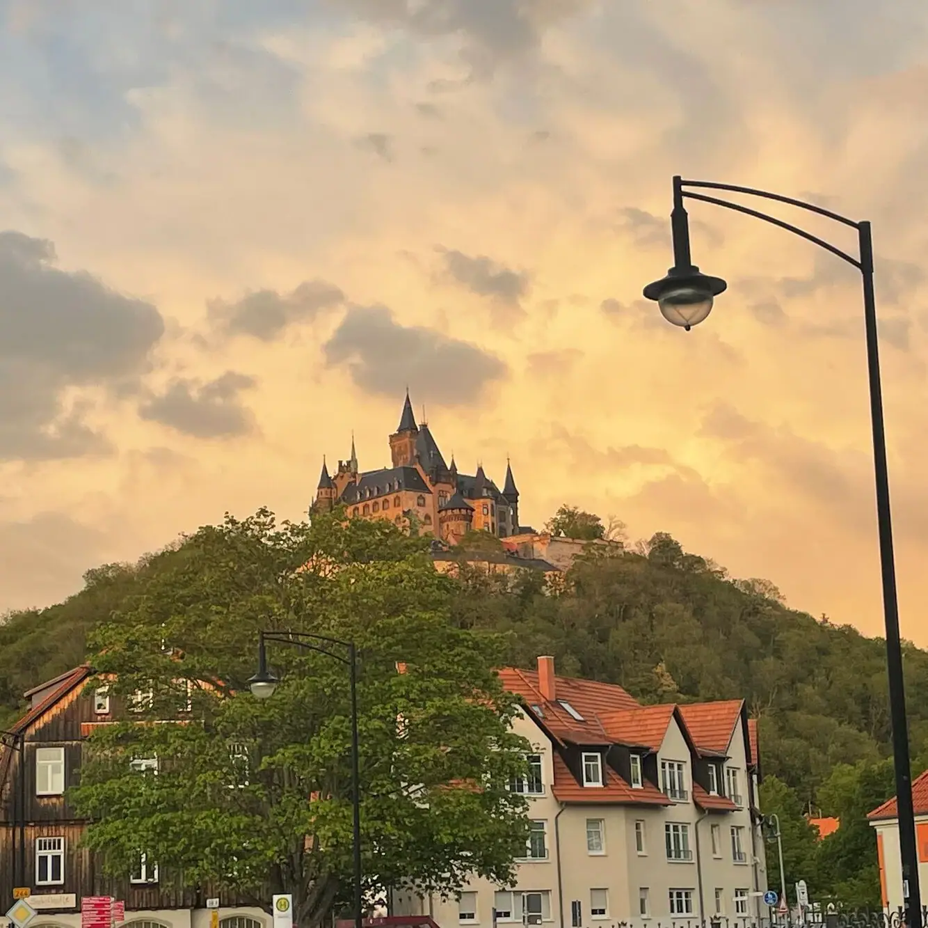 Ein Gebäude auf einem Hügel mit Bäumen im Hintergrund.