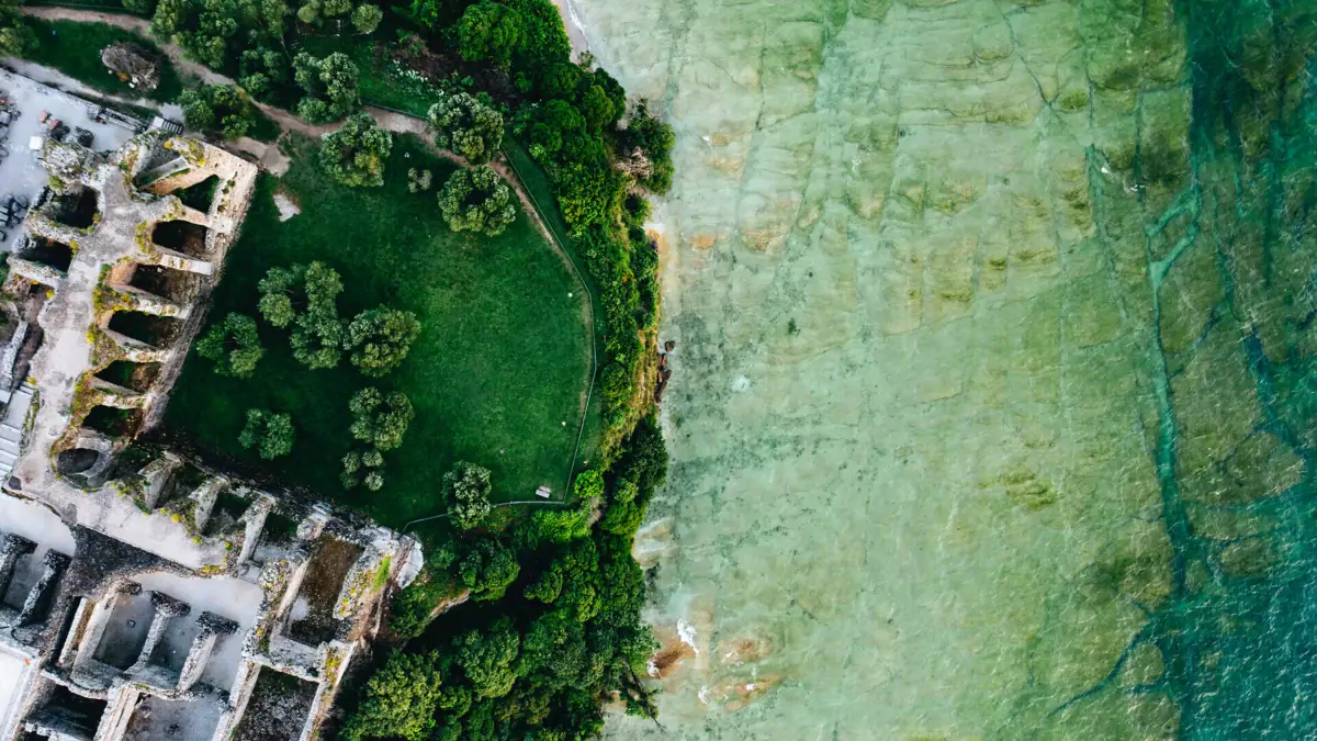 Luftaufnahme eines Gewässers mit grünem Rasen und Bäumen