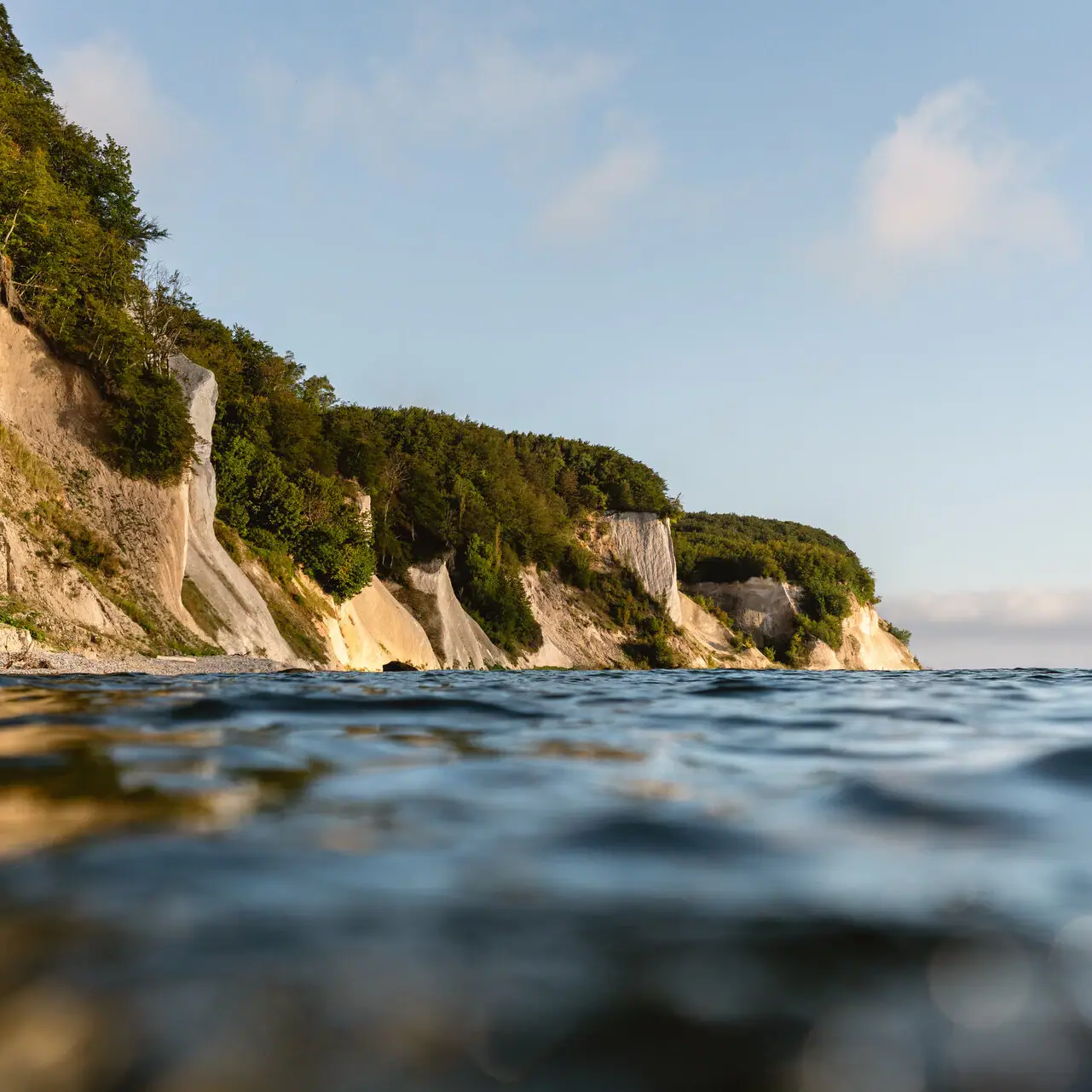 Ein Gewässer mit einer Klippe und Bäumen.