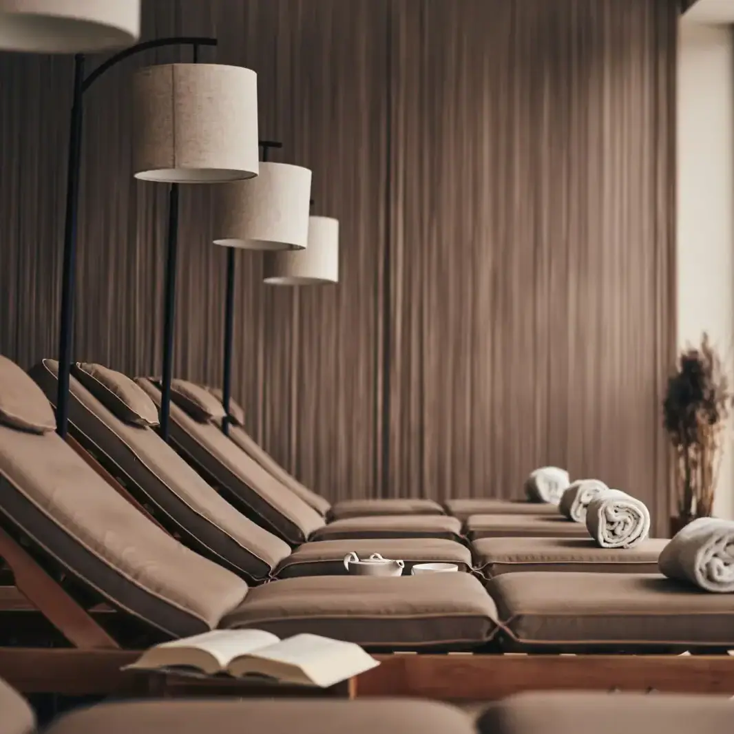 Ruheraum im Wellnessbereich im Ifen Hotel Kleinwalsertal Eine Reihe von Liegestühlen mit gemütlichen Polstern in Brauntönen in einem Raum.