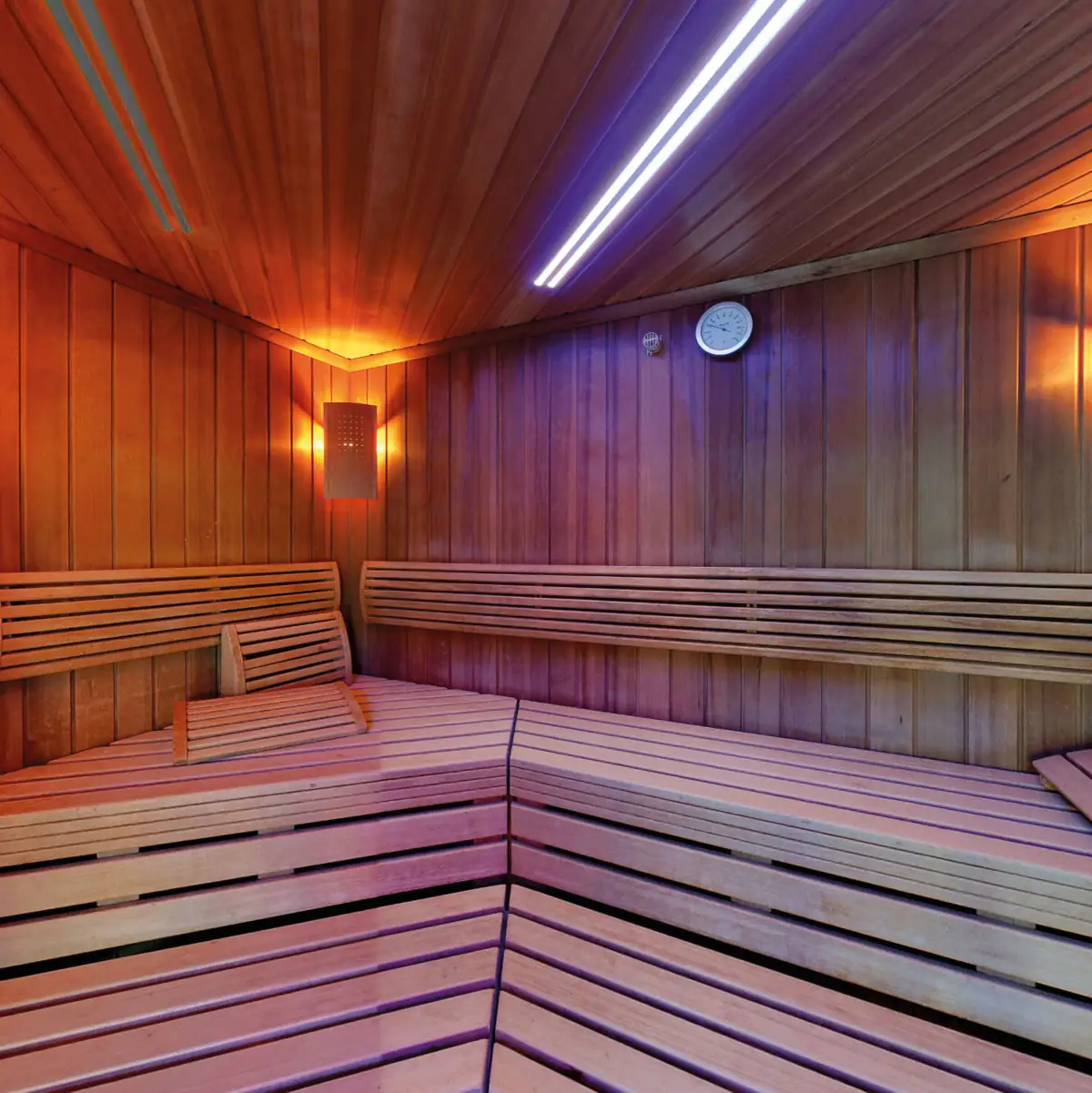 Holzsauna mit blauem und violettem Licht.