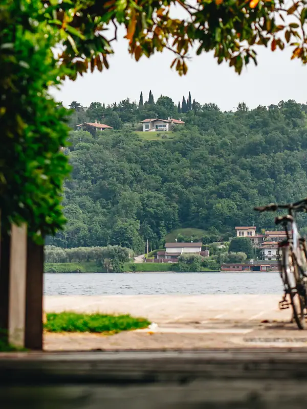 Blick auf einen Hügel von einem Türrahmen aus mit Bäumen und Pflanzen im Vordergrund.