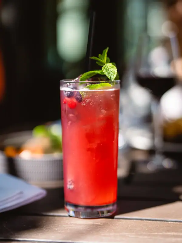 Cocktail Ein Glas mit rotem Cocktail, garniert mit Minzblättern und einem Strohhalm.