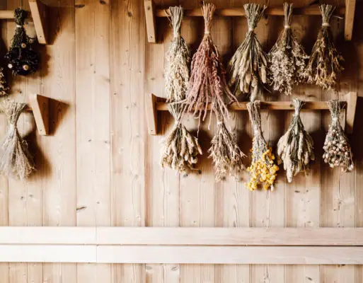 Kräutersauna Getrocknete Blumen und Kräuter an einer Holzwand.