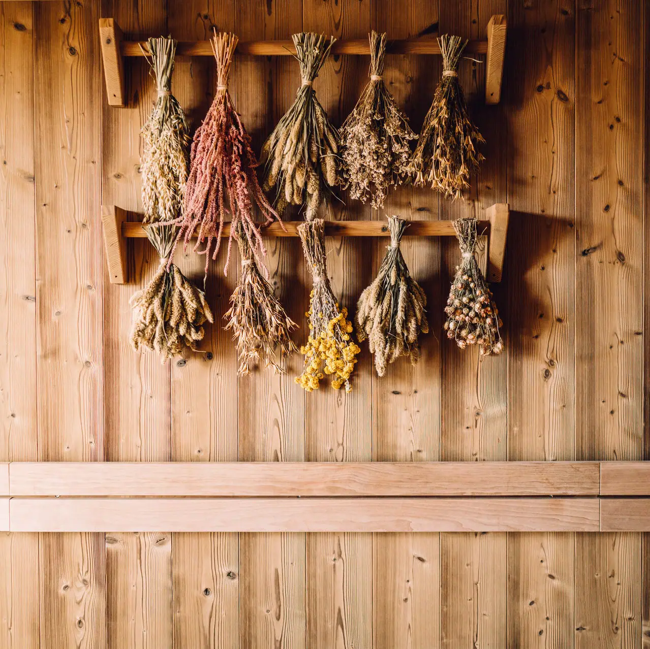 Kräutersauna auf Sylt Getrocknete Blumen an einer Wand