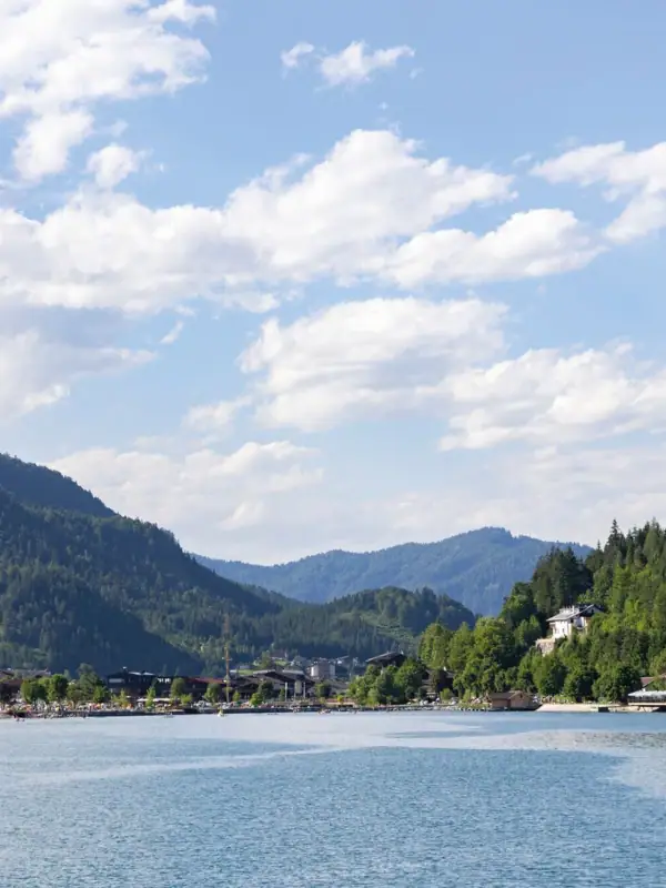 Gewässer mit Gebäuden und Bäumen im Hintergrund