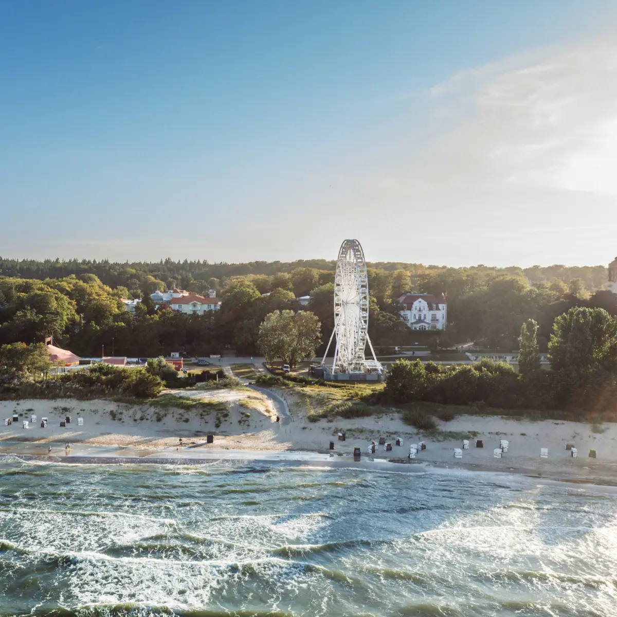 Ein Strand mit einem Leuchtturm und Bäumen.