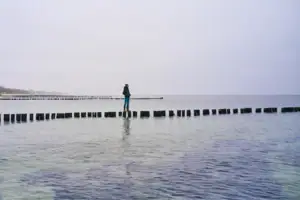 Ostsee Eine Person steht auf einem Baumstamm im Wasser.