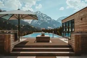 Außenpool terrasse Ein Pool mit Holzdeck und großem Sonnenschirm.
