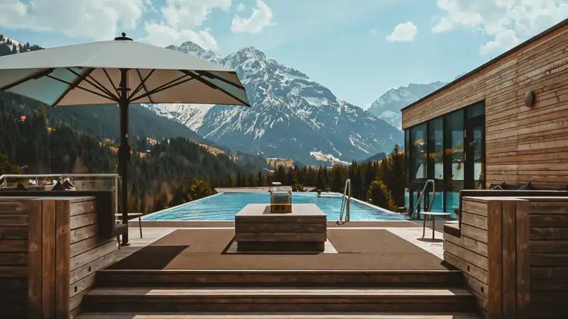 Ein Pool mit Sonnendeck und Sonnenschirmen vor einer Bergkulisse.