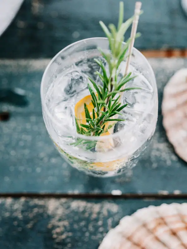 Getränk Ein Glas Wasser mit einem Rosmarinzweig darauf.