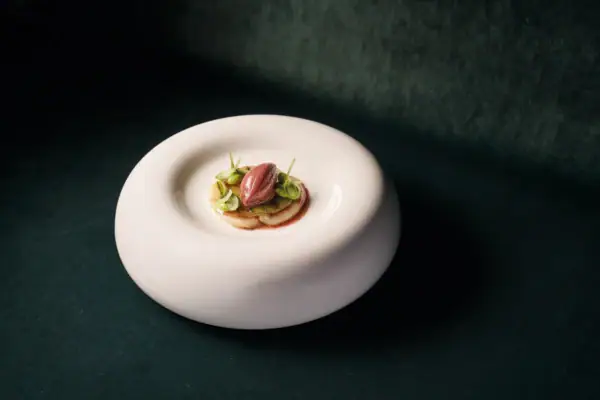 Weißer Teller mit kunstvoll angerichteter Speise.