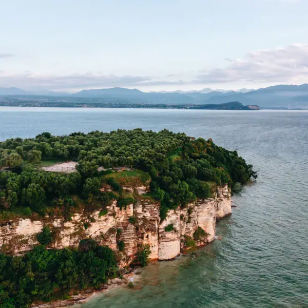 Felsklippe mit Bäumen und einem Gewässer im Vordergrund.