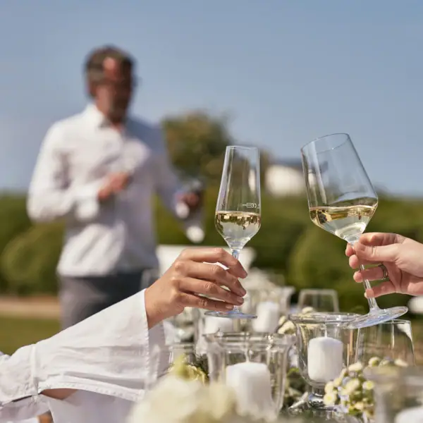 Eine Gruppe von Personen hält Weingläser.