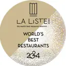 Rundes weißes und goldenes Etikett mit Text World's best restaurants 2024.