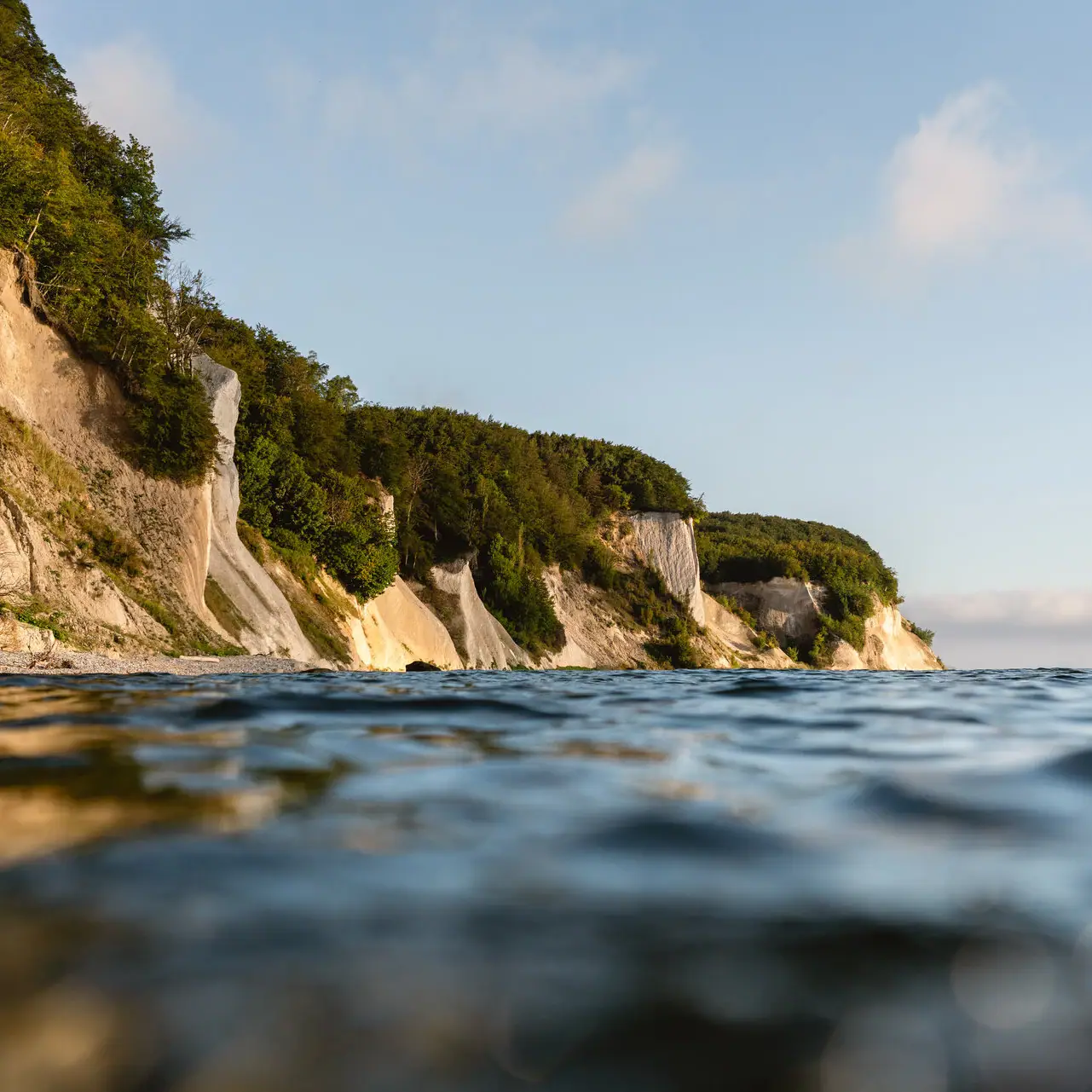 Ein Gewässer mit einer Klippe und Bäumen.