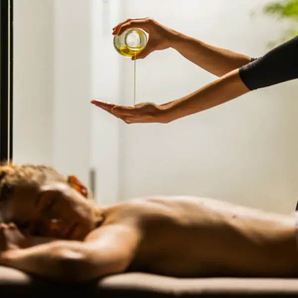 Eine Person gießt Öl in die Hand einer anderen Person.