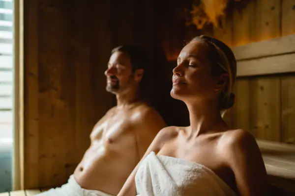 Ein Mann und eine Frau in einer Sauna.