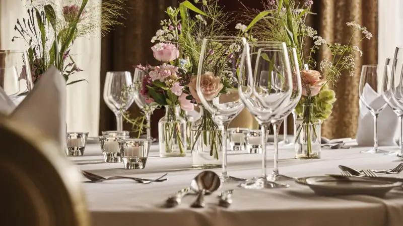 Ein Tisch gedeckt mit Blumen, Kerzen und Weingläsern.