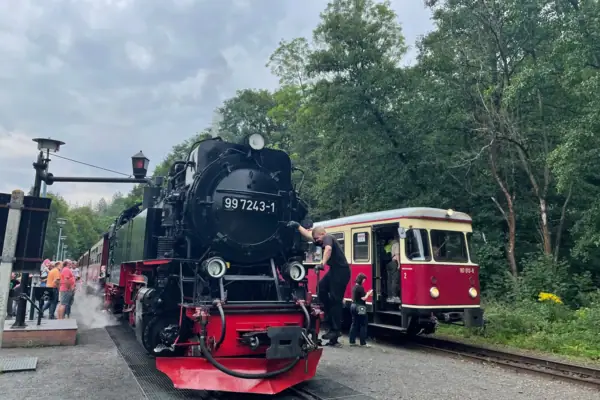 Harzer Schmalspurbahn Ein Zug auf den Gleisen.