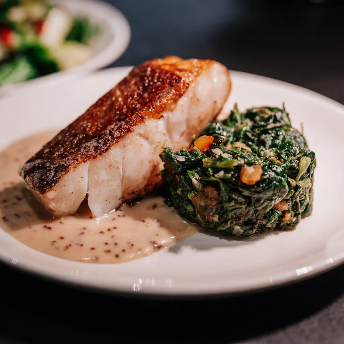 Ein Teller mit kunstvoll angerichteter Speise auf einem Tisch.
