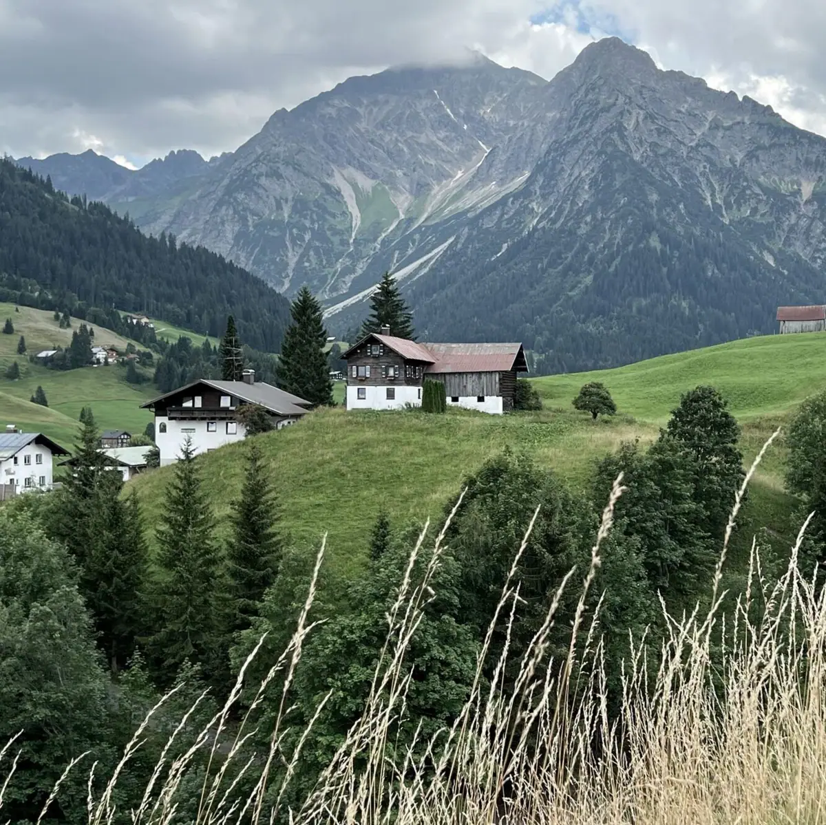 Ein Haus auf einem Hügel mit Bäumen und Bergen im Hintergrund.