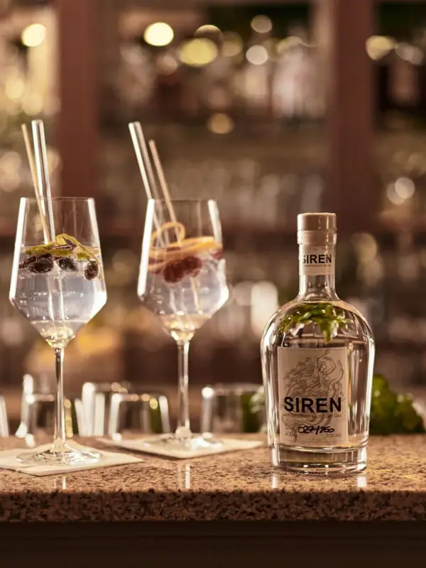 Zwei Gläser mit Getränk und eine Flasche Likör auf einem Tresen.