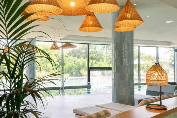 Eingang zum SPA-ROSA mit einem Tresen und einer Zimmerpflanze.