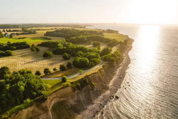 Steilküste Ostsee Luftaufnahme eines Strandes mit einer grasbewachsenen Fläche und Bäumen.