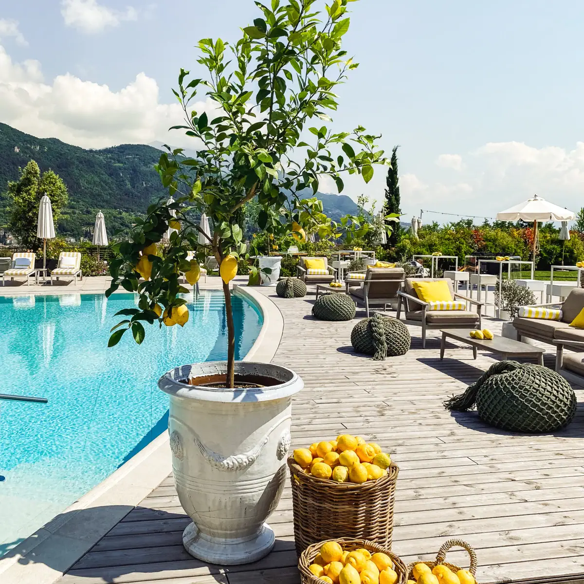 Incentive im A-ROSA Gardasee Ein Pool mit einem Zitronenbaum und Stühlen im Freien. Außerdem stehen viele Körbe gefüllt mit Zitronen.
