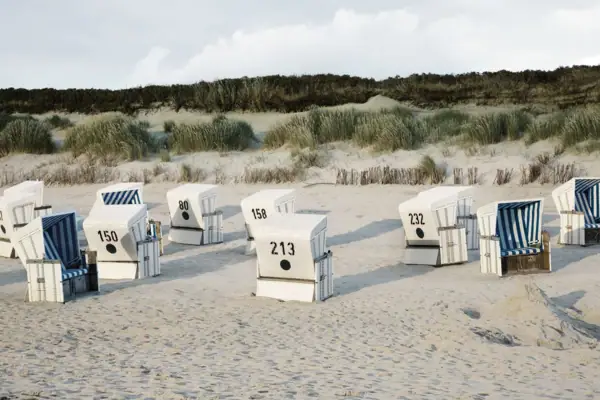 Eine Gruppe Strandkörbe am Strand.