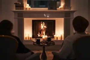 Kamin Ein Kamin mit Kerzen und einem Paar, das davor sitzt.